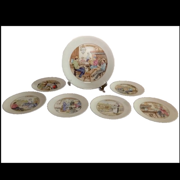 French Limoges Apilco Village Scenes Cheese Plate \ Dessert Set - 7 Piece Set - Picture 13 of 13